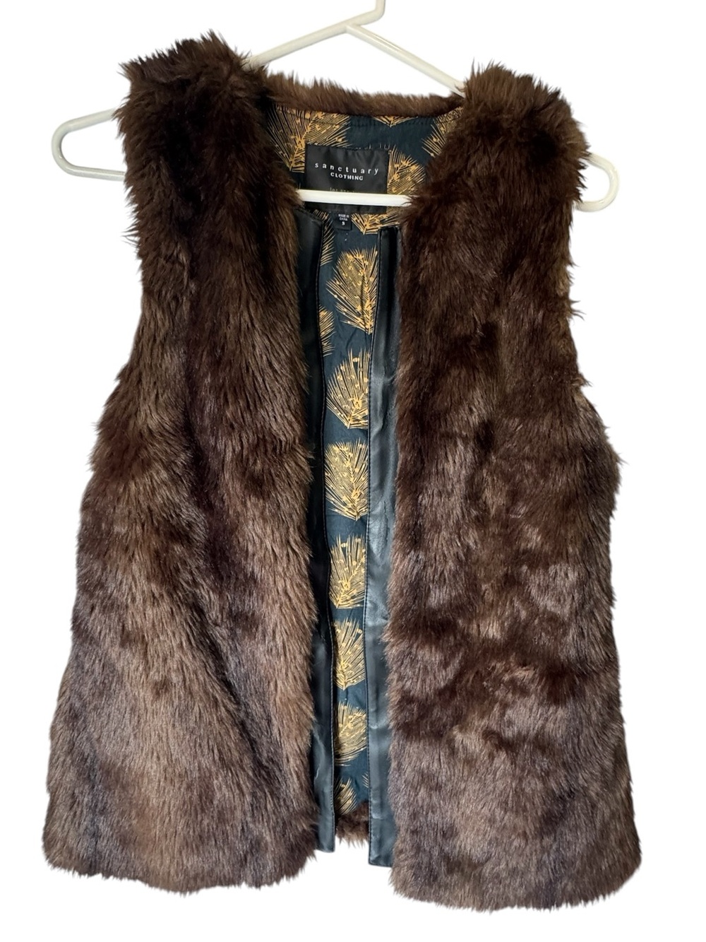 Sanctuary Dark Brown Faux Fur Open Front Vest with Patterned Lining Women’s S